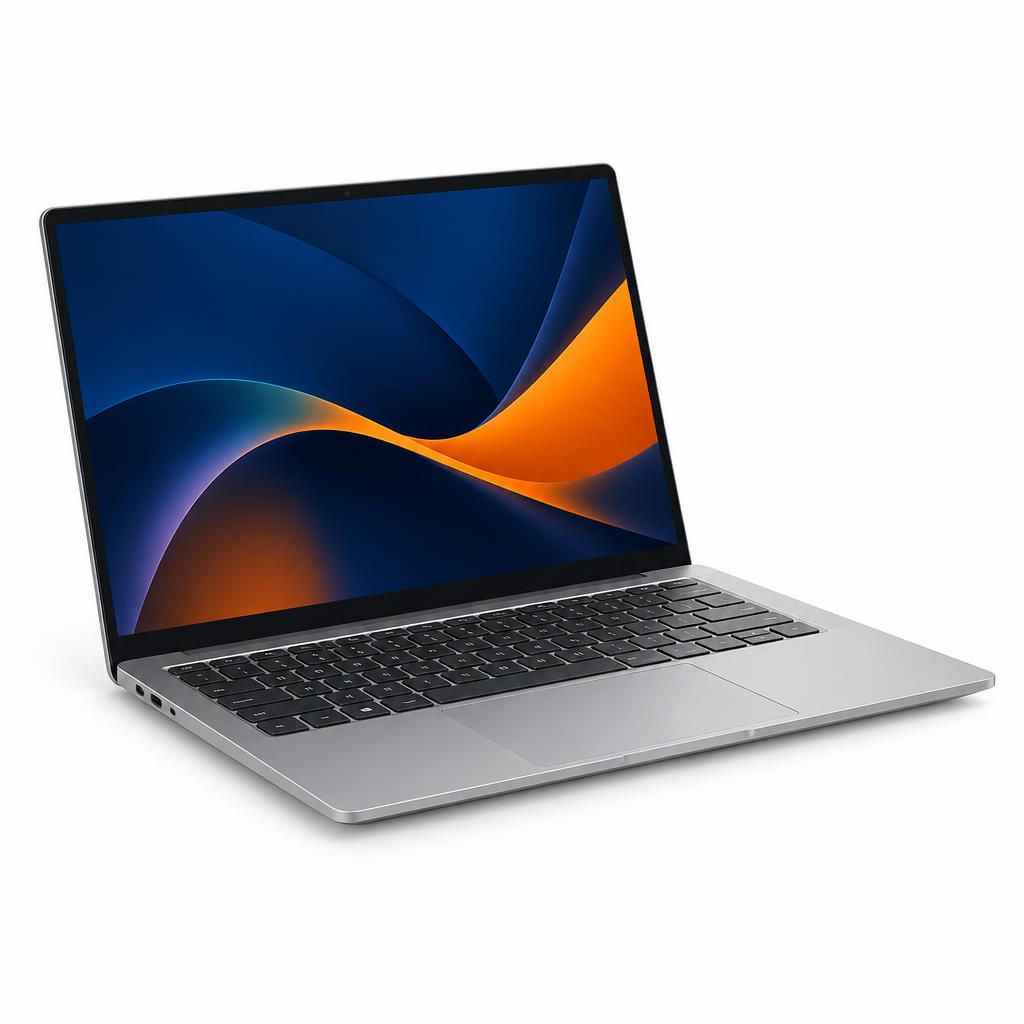 מחשב נייד Nimbus AeroBook 14 כסוף פתוח בזווית על רקע לבן